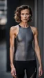 Placeholder: photography of a beautiful anorexic woman, anthracite satin triathlon top, sports illustrated, grey short wavy bob haircut, pronounced sternum, flat chest, anthracite short leggins