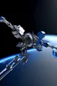 Placeholder: In a sci-fi starry sky background, a slender space flexible robotic arm with flexible joint is located on the satellite.The images have high resolution.