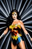 Placeholder: dark brown wood panel background with an overhead spotlight effect, Marie Osmond wearing a wonder woman costume, full color -- Absolute Reality v6, Absolute reality, Realism Engine XL - v1