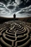 Placeholder: A man enters a labyrinth and in the background sky we can see the shape of a skull