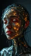 Placeholder: A human face made of tangled, glowing threads and sharp, beautiful shards of glass, vulnerable and strong, surreal anatomy, emotional