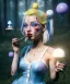 Placeholder: Ultra realistic wonderland photo, happy blonde Alice smoking a pipe, blue dress, white rabbit pet, circus dress style, old school tattoo, smoke, marijuana garden, glow eyes, perfect iris, little mushroom balloons, soft color, highly detailed, unreal engine 5, ray tracing, RTX, lumen lighting, ultra detail, volumetric lighting, high definition.