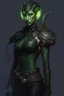 Placeholder: female snake humanoid, green scales, wearing a black leather armor, dungeons and dragons