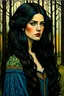 Placeholder: create a 3/4 profile, full body oil pastel of a dark haired, savage, ornately dressed, vampire girl with highly detailed , sharply defined hair and facial features , in a quiet forest glade at twilight, in the Pre-Raphaelite style of JOHN WILLIAM WATERHOUSE
