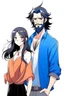 Placeholder: Anime man with beard, handsome and happy. Standing with Beautiful anime woman with black hair. Utopian universe