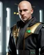 Placeholder: star wars bald male corellian jedi pilot wearing black and gunmetal grey old republic armored robes with gold trim inside the jedi temple holding a lightsaber with viridian green blade in left hand, centered head and shoulders portrait, hyperdetailed, dynamic lighting, hyperdetailed background, 8k resolution, volumetric lighting, light skin, fully symmetric details