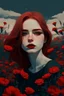 Placeholder: an illustration of a beautiful girl face with a field with red flowers cloudy in dark aesthetic