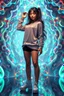 Placeholder: si fi a 3d recursive mandlebore fractal environment color and light an extra beautiful supper modern girl wearing modern clothing gracefully posing full body shot