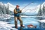 Placeholder: bald, muscular middle-aged smooth-faced man fishing on the lake shore in a baseball cap, winter landscape, snow, a big fish, caption on the picture "Happy Birthday!" sign, detailed realistic image