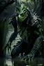 Placeholder: 10k hyper realistic detailed Reptile the masked green reptilian ninja assassin using his poisonous claws and camouflage to hunt (mortal Kombat) in a dark swamp emerging from muddy swampwater