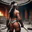 Placeholder: [high res photo by Mil Mascaras] the back of the Barbarian female warrior who is ready to fight: In the center of the chamber, looming over everything, is a creature that defies description. Its body is a grotesque amalgamation of flesh and bone, twisted and deformed by some unspeakable evil. Its eyes are burning coals, filled with an insatiable hunger that threatens to consume everything in its path. The beast lets out a bone-chilling roar that echoes through the chamber, causing the very stone