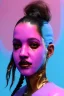 Placeholder: Ultra Realistic image, Rosalía artist, portrait, normal complexion, waist up portrait, long black eye line, sweet face, t-shirt with holes, inflatable open coat, gold pink and blue style, spray glow make up, geometric led jewelry, fog, hot, inflatable style latex coat, vibrant color, highly detailed, art stations, concept art, smooth, unreal engine 5, god rays, ray tracing, RTX, lumen lighting, ultra detail, volumetric lighting, 3d, finely drawn, high definition, high resolution.