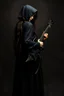 Placeholder: pretty goth girl(dressed in black flowing robes) facing viewer, playing scythe styled guitar, leaning back, dark background, photo realism