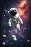 Placeholder: A small falling cartoon astronaut floating in space over a dim background with lots of distant stars and galaxies and quasars and nebulas. Realistic textures and grains. Render in HD 8K quality. High quality textures and details.