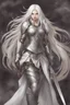 Placeholder: female with long white hair, wearing metal small armor, whole body