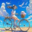 Placeholder: A girl is riding a bicycle on the beach. His cat is sitting in the front basket of the bicycle. Spring flowers can be seen everywhere. Beautiful blue sky with white clouds - kites in the sky. sense of peace. digital art, anime, 8k, full details