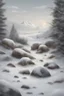 Placeholder: Drawn rocks on a snowy landscape