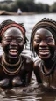 Placeholder: Two African women, laughing while swimming in muddy lake