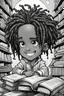 Placeholder: create a coloring page of A sassy futurism ABSTRACT cartoon chibi BOY LOOKING DOWN, surrounded by BOOKS. Looking up coyly, he grins widely, showing her Teeth. Highly detailed dread locs , regal expression.