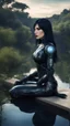 Placeholder: Fantasy Photo Of A Woman With Black Hair, Wearing A robot-looking catsuit, Sitting sideways On A Ledge next to a Pond, With A Planet Behind Her Head