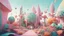 Placeholder: Animated Bright solar punk world, futuristic, nature with plants, pleasant pastel colours, Architectural buildings, voronoi patterns, carnival like event