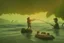 Placeholder: A man is attacked by a mutated monster in sea while he is fishing, cartoon style Simon Stålenhag