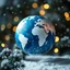 Placeholder: all World Map Globe Ball in Blue-white Colors and warh lights, blur background with snowflakes , and pines, intricate details, beautifully shot, hyperrealistic, sharp focus, 64 megapixels, perfect composition