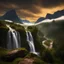 Placeholder: Photography, landscape, realistic, majestic, waterfalls, forests, clouds, deep mountains and old forests, paths, canyons