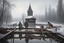 Placeholder: DRAW A PICTURE. 21st century. IT'S SNOWING. The Russian hinterland. Two hunters with guns and a dog in a boat sail up to the completely destroyed wooden bridge over the river leading to the village, several wooden piles sticking out of the water. There is a dilapidated Orthodox church on the shore. The image is in 8 K. There are a lot of reeds growing in the foreground.