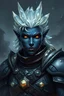 Placeholder: Please generate a male earth genasi warrior for D&D. he should have dark-colored skin with glittering sparkles like gem dust. he should have lines marking his skin like cracks, showing glimmering gem-like veins and a faint glow. His hair should appear carved of crystal. he should be in her mid-40s and in warrior armor. he have yellow eyes.