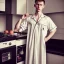 Placeholder: Russian shorthair beautiful 20-years guy boyish boylike wide hips in black girlish nightgown in kitchen