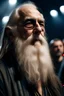 Placeholder: old man with beard attending a heavy metal concert