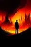 Placeholder: a person standing in a field with a city in the background, digital art, inspired by Cyril Rolando, detailed glowing head, orange glow, pascal blanche, abstract realism, pino daeni and dan mumford, stylized silhouette, glitch effects over the eyes, yellow aura, trending on artstration, abstract painting of man on fire, illustration style, lit from behind