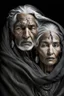 Placeholder: a photo of an Berber man and woman with ethnic jewelry, grey hair and grey flowing robe, in style of Annie Leibovitz, contemporary portrait of a mature yet beautiful and modernist, black and grey, detailed face, swirling fluid smokey enigma, award-winning artwork