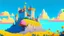 Placeholder: Castle on a hill, Pink walls, orange towers, yellow flowers on the ground, dark blue roof and aqua blue sky, very detailed