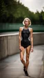 Placeholder: beautiful anorexic woman, total shot, short triathlon swimsuit, short blond wavy bob hair, blurred concrete background