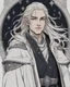 Placeholder: a young high elf frost Wizard with long wiry hair, wearing a black trimmed white nobleman's robe and frost ornaments on clothes