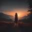 Placeholder: dark night, watching a woman from behind wearing a sleeveless dress who is walking towards a beautiful orange sunrise in the distance, mountains and forests around, photo quality