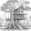 Placeholder: swamp shack, Whispering Cypress Swirls, Clyster crisp clear lines, clean line art, line art, Black and white coloring page, for adult, perfect shape, each image separate model treehouse, realistic, unique, unique style, masterpiece, variation, clean coloring page, vector coloring book illustration, no shading, only draw outlines, crisp, full page, use up the entire screen, line art, clean line art,
