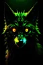 Placeholder: terrifying humanoid Fox like creature, turning to face you, hunch over, dark, force, background, glowing eyes, staring, covered decay, deep shades of green, covering forest, dark, rainbow, gradient, sky, dark, starry night,