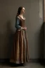 Placeholder: woman with 1700 dress leaning against the wall, realistic style, full figure frontal view