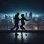 Placeholder: Silhouette Of A Hip Hop Couple Dancing Groovily On A Rooftop With A Futuristic City At Dark Heavy Rainy Night And Futuristic Lights Showing Dramatic And Cinematic Ambiance.