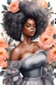 Placeholder: Create an watercolor image of a curvy black female wearing a grey off the shoulder blouse and she is looking down with Prominent makeup. Highly detailed tightly curly black afro. Background of large peach and grey flowers surrounding her