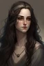 Placeholder: portrait of Cynara, the antagonist of a youth novel; she became mean after a stroke of faith, she is beautiful and has long dark hair, her appearance is like a greek goddess