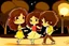 Placeholder: a cute chibi spanish man with short curly brown hair cropped at the back in yellow T-shirt and jeans with a cute chibi contented girl with long brown hair and brown eyes in a red elegant jumpsuit and red high heels, and a chibi girl with blonde brown hair in a beige dress dancing dynamically in Madrid in the Retino park, in the moonlight, ethereal, cinematic postprocessing, airplane in the sky