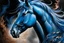 Placeholder: A close-up view of an airbrush painting depicting a horse, skillfully created by Ju Lian. This artwork, blending elements of fantasy, fractal, and metal art, captivates with its depiction of a horse enveloped in blue fire. The use of an airbrush technique adds a unique touch, allowing for intricate details that enhance the overall visual impact of this striking piece.