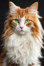 Placeholder: BEAUTIFUL Cat with long, wavy and abundant hair, pointed ears, bright green eyes, orange, white and black colors, ultra quality, full body