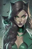 Placeholder: Dc marvel beautiful catwoman with green eyes and light long brown hair wearing a black suit stealing jewelleries with her cat comic anime 2d drawing style