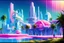 Placeholder: a futuristic city . The buildings are verry small with sweet cristal shapes, a lot of flowers and palm trees, and a lot of big trees and pink flowers, a lot of fountainsand bridges, in bright colors, luminous and realistic painting, a lot of raafined and precious details, colors