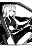 Placeholder: blonde young girl inside car, greyscale